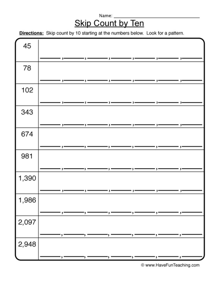 Skip Count by Ten Worksheet