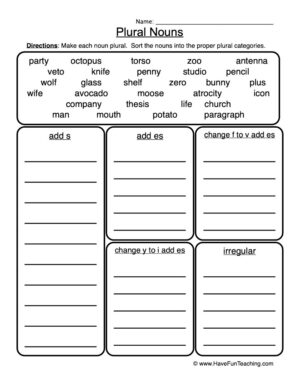 Sorting Plural Nouns Worksheet