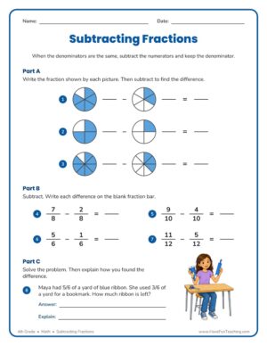 4th Grade subtracting fractions with like denominators worksheet with circle picture models