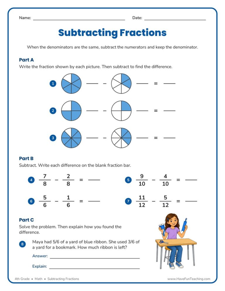 Subtracting Fractions Pictures Worksheet