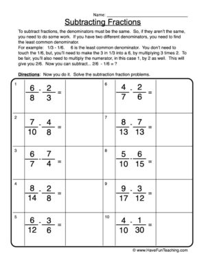 Subtracting Fractions Different Denominator Worksheet