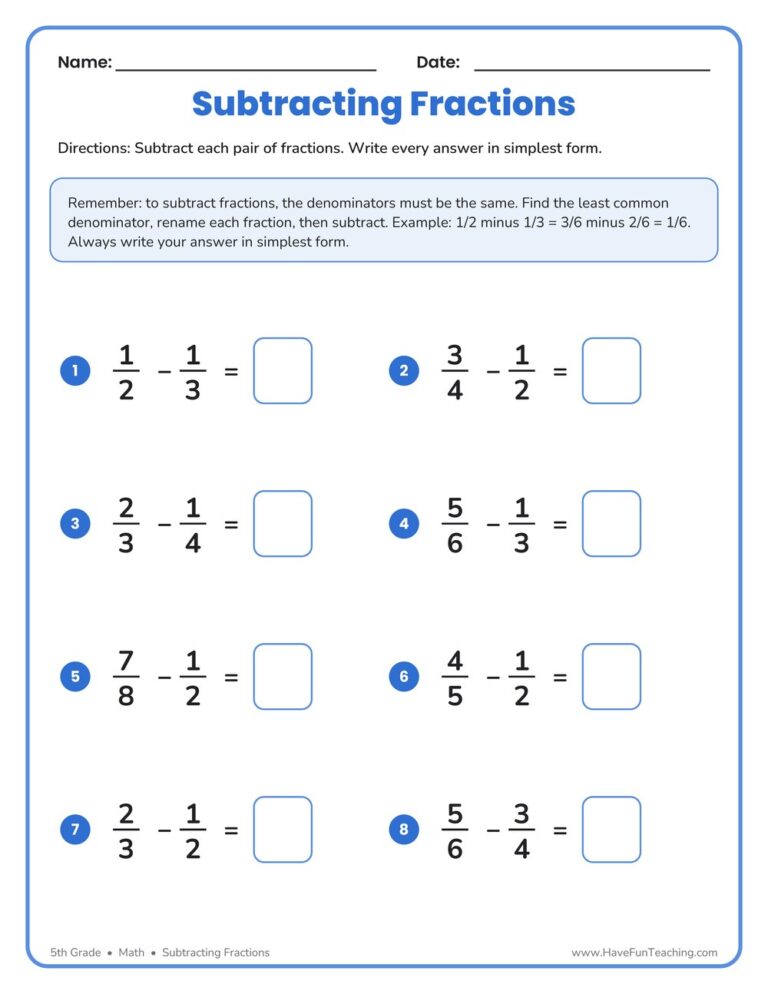 Subtracting Fractions Different Denominator Worksheet