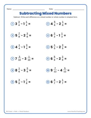 Subtracting Mixed Numbers Worksheet for 5th grade students subtracting fractions