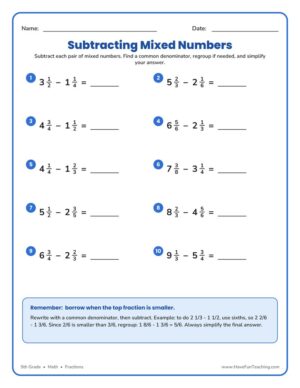 mixed numbers subtraction worksheet