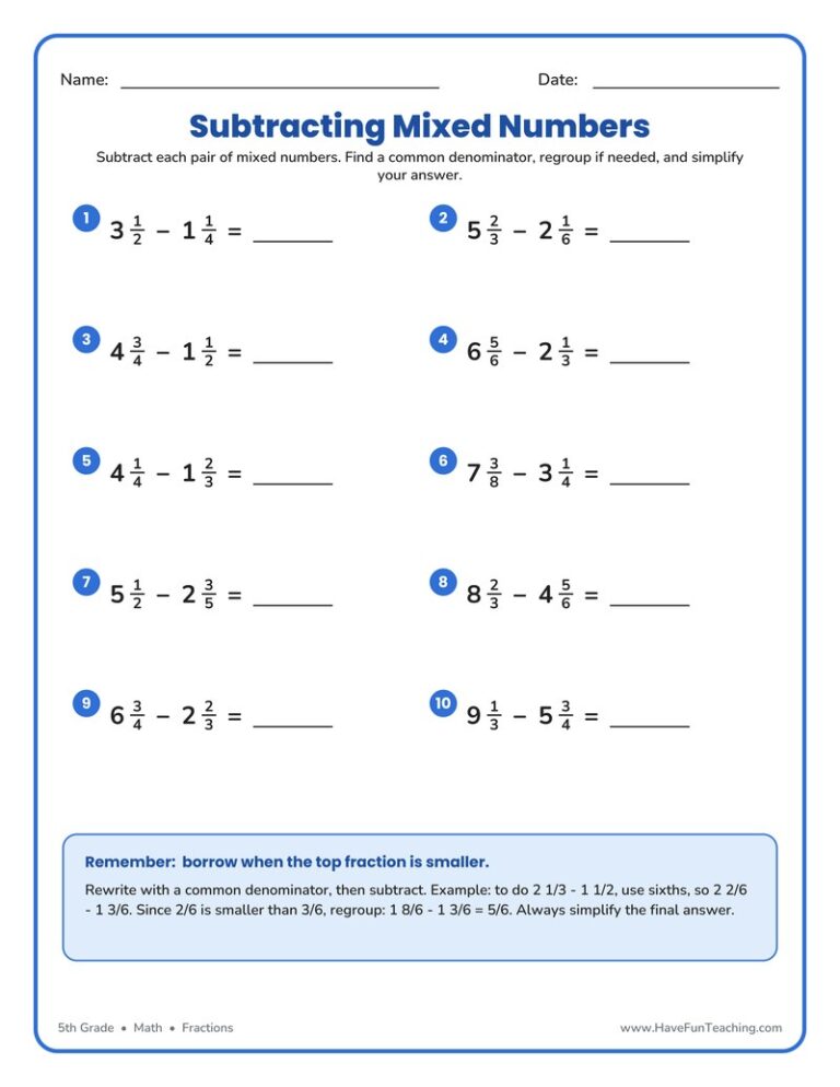 Mixed Numbers Subtraction Worksheet