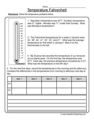 Temperature Fahrenheit Worksheet