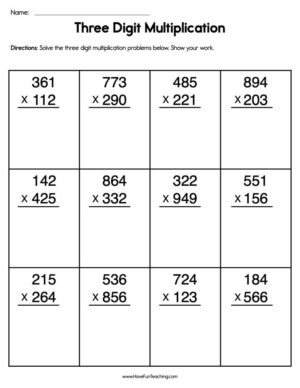 Three Digit Multiplication Worksheet