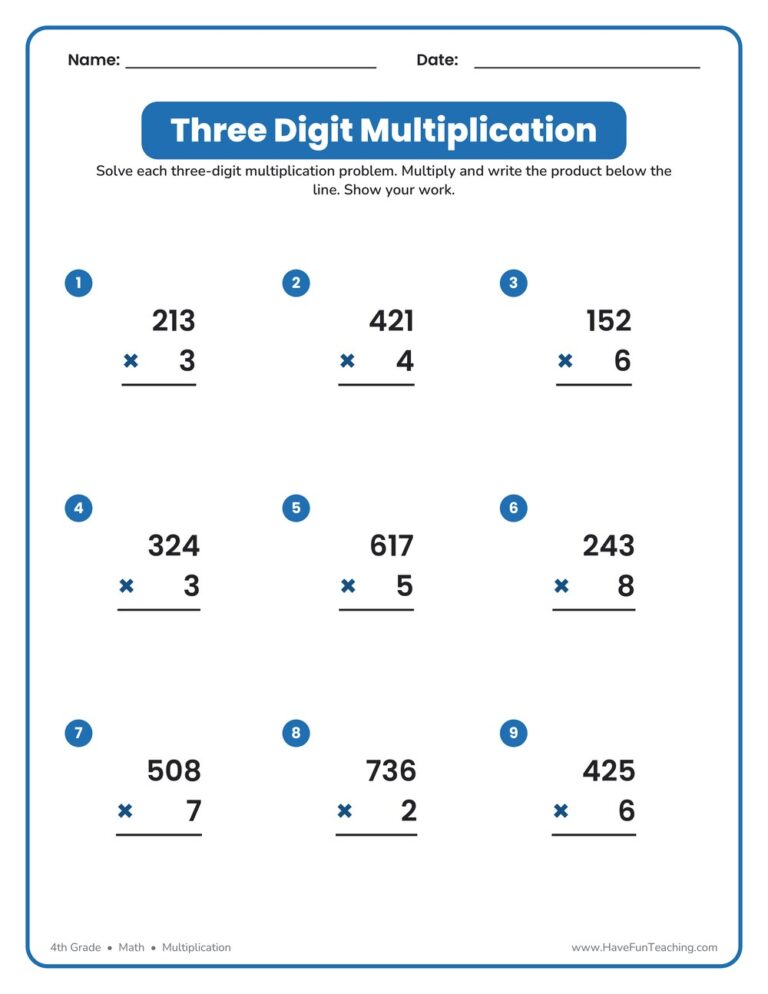 Three Digit Multiplication Worksheet