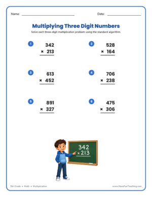Multiplying Three Digit Numbers Worksheet with six 3-digit by 3-digit multiplication problems