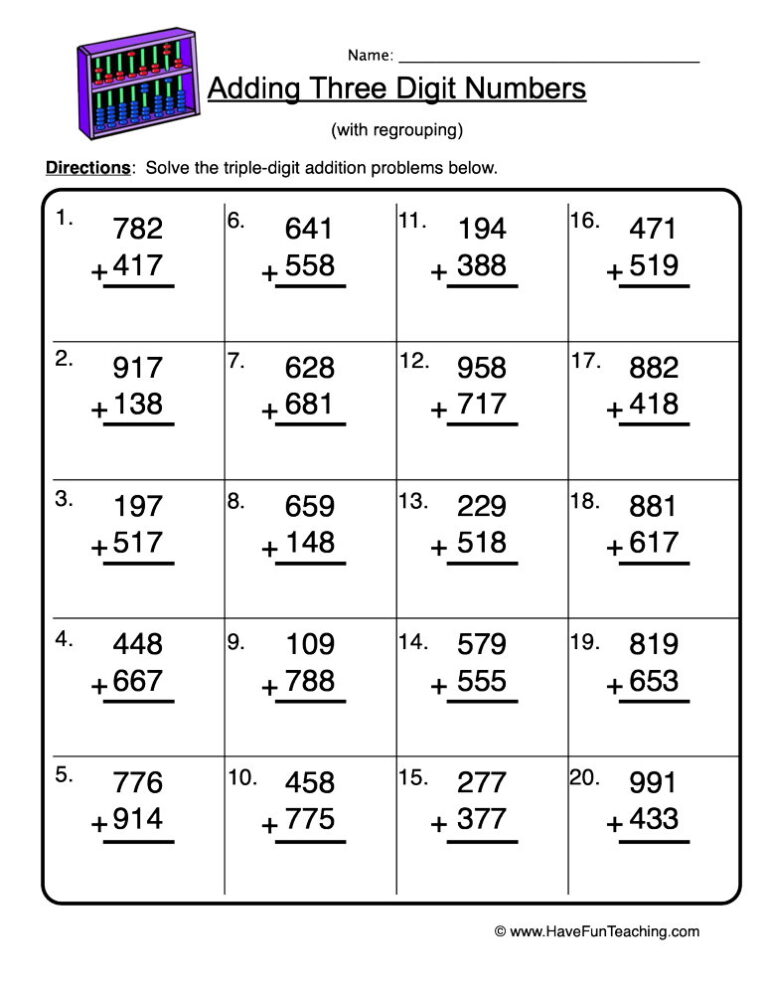 Triple Digit Addition No Regroup Worksheet