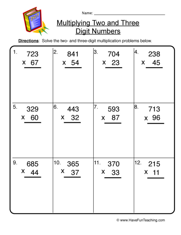 Two and Three Digit Multiplication Worksheet
