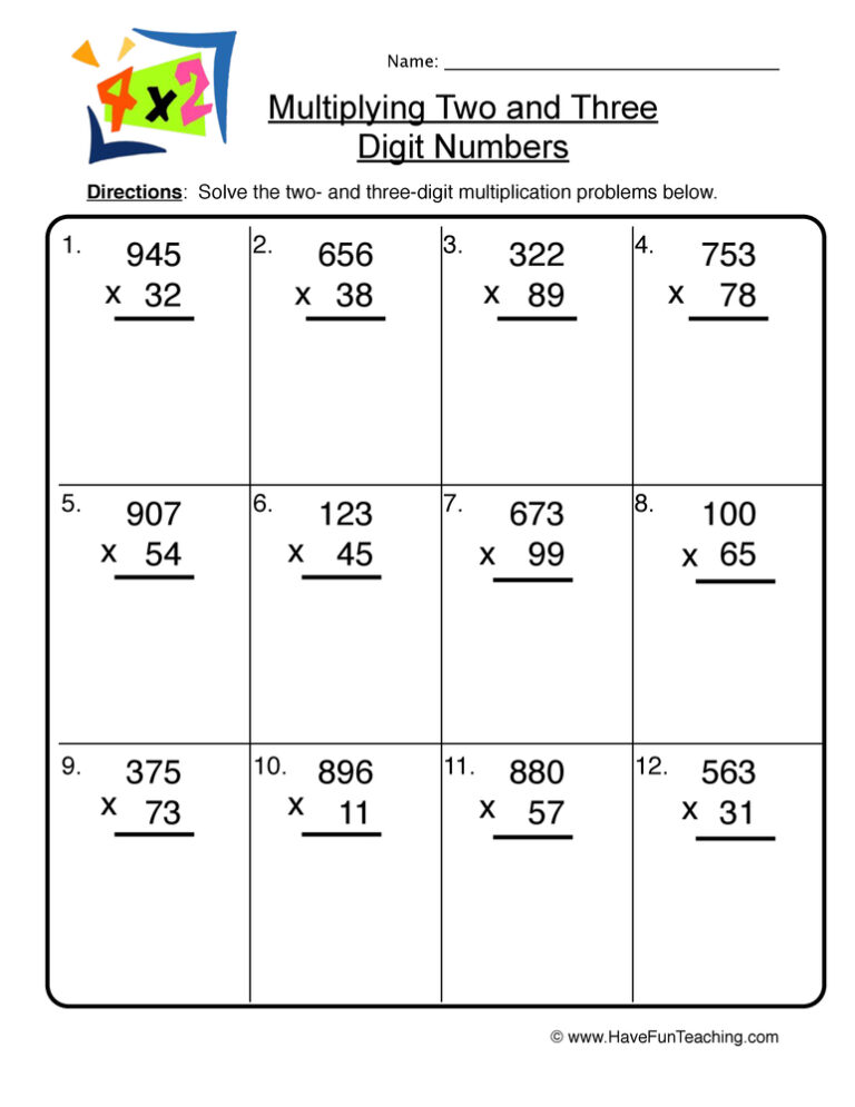 Two and Three Digit Multiplication Practice Worksheet