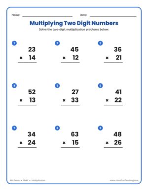 Multiplying Two Digit Numbers worksheet with nine two-digit by two-digit multiplication problems for 4th grade math.