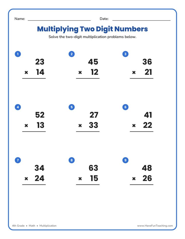 Two Digit Numbers Multiplication Worksheet