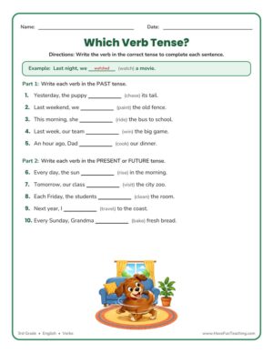Verb tenses fill in the blank worksheet for 3rd grade students to write the correct past, present, or future verb.