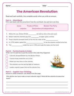 4th Grade American Revolution worksheet with word bank vocabulary and a timeline of events
