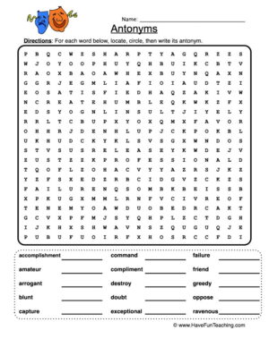 Antonyms Word Search Worksheet