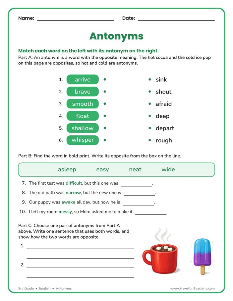 Antonyms Match Worksheet
