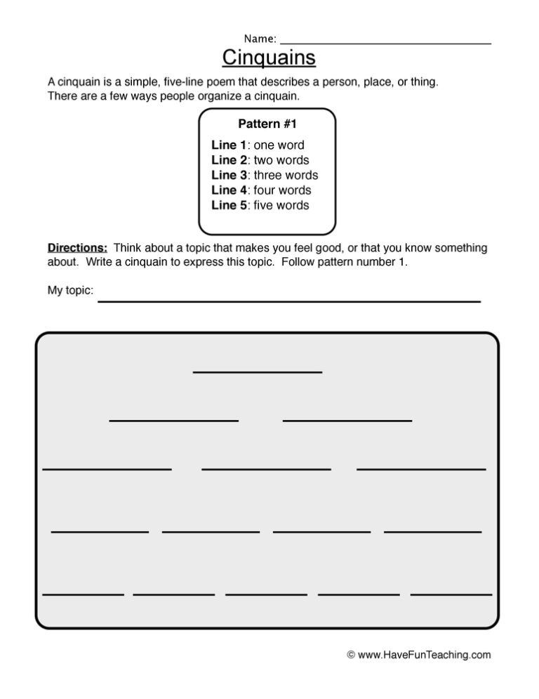 Cinquain Worksheet - Pattern 1