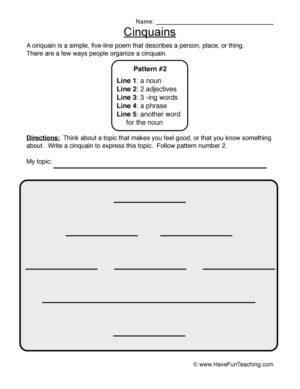 Cinquain Worksheet - Pattern 2