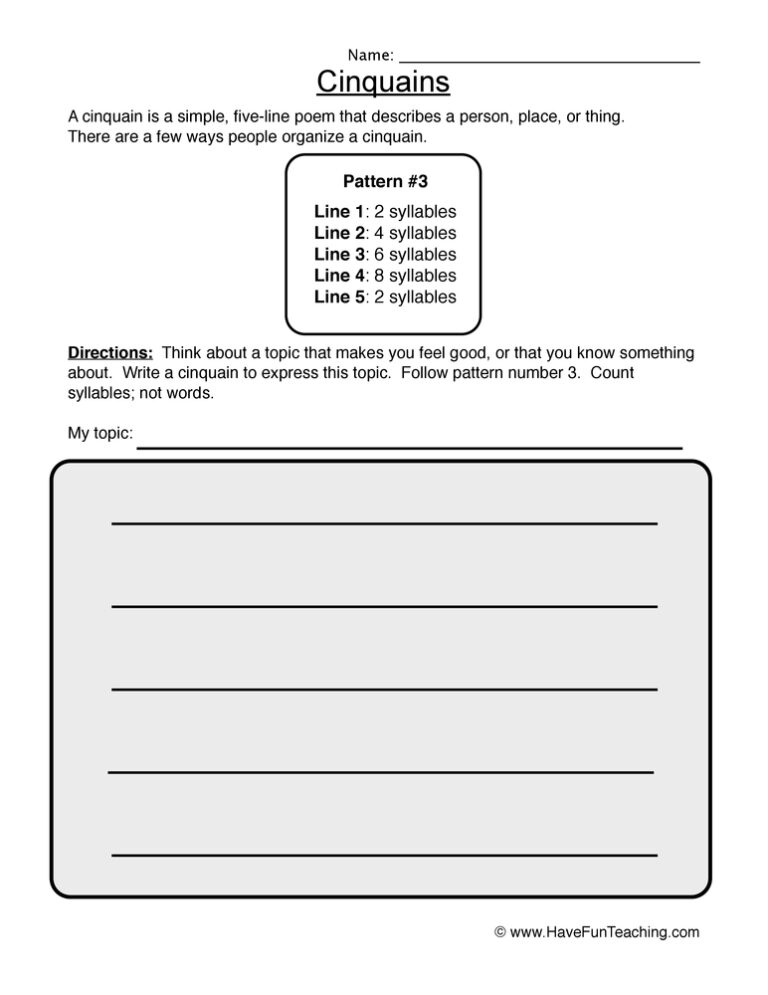 Cinquain Worksheet - Pattern 3