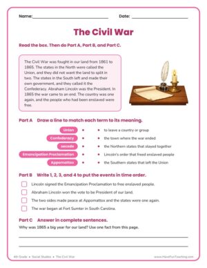 4th Grade Civil War worksheet with term matching, a timeline, and a written response