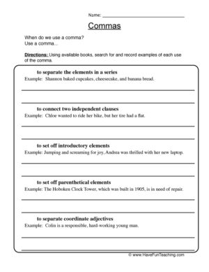 Writing with Commas Worksheet