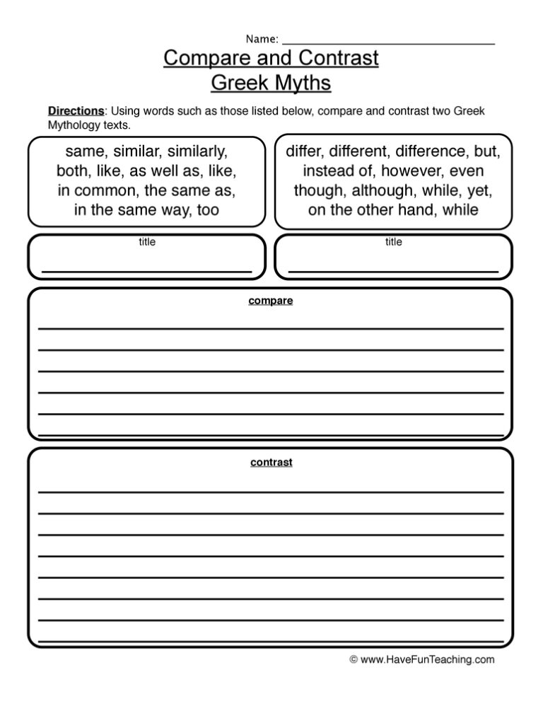 Compare and Contrast Greek Myths Worksheet