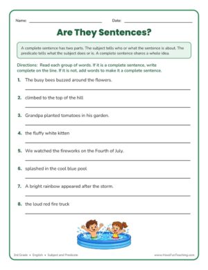 Are They Sentences? complete and incomplete sentences worksheet for 3rd grade with subject and predicate practice