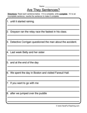 Creating Complete Sentences Worksheet