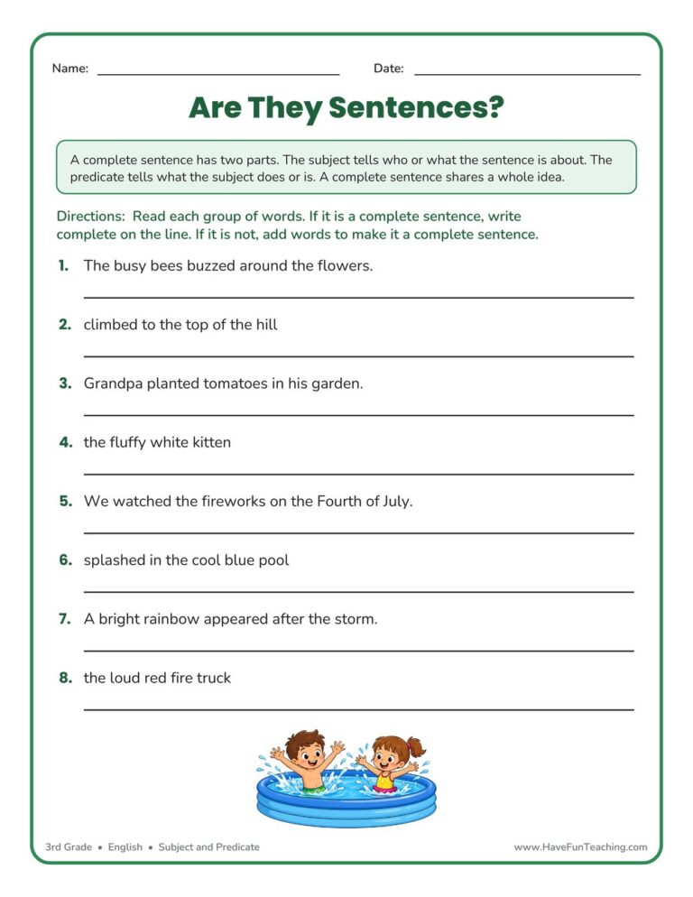Creating Complete Sentences Worksheet