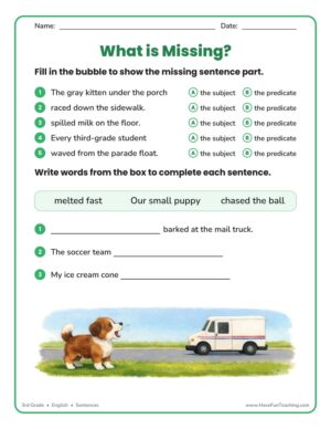 3rd grade sentences worksheet where students mark whether the subject or predicate is missing and complete each sentence