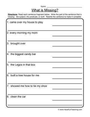 What is Missing? Complete Incomplete Sentences Worksheet