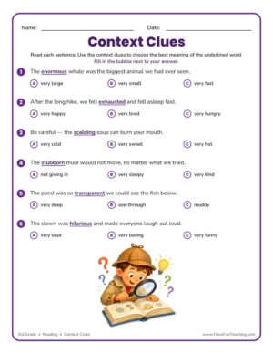 Context Clues Worksheet with six sentences and multiple choice answers for finding word meaning