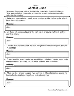 Context Clues Worksheet