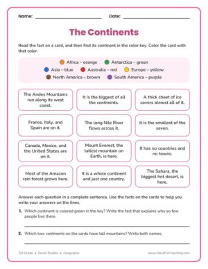 3rd Grade coloring continents worksheet, color fact cards by continent