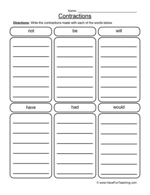 Contractions Word Bank Worksheet