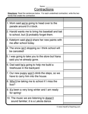 Circling Contractions Worksheet