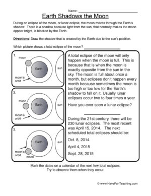 Earth Shadows the Moon Worksheet