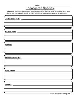 Endangered Species Worksheet - Research