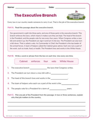 4th Grade Government worksheet on the Executive Branch