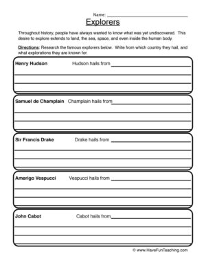 Explorers Worksheet