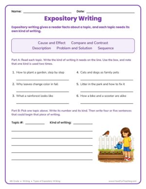 4th Grade types of expository writing worksheet