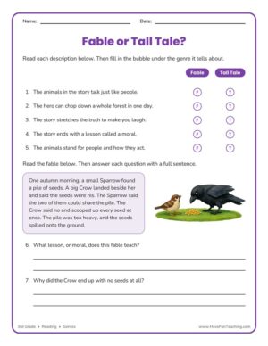 3rd grade fables and tall tales genre worksheet