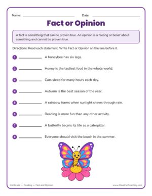 3rd grade fact or opinion reading worksheet