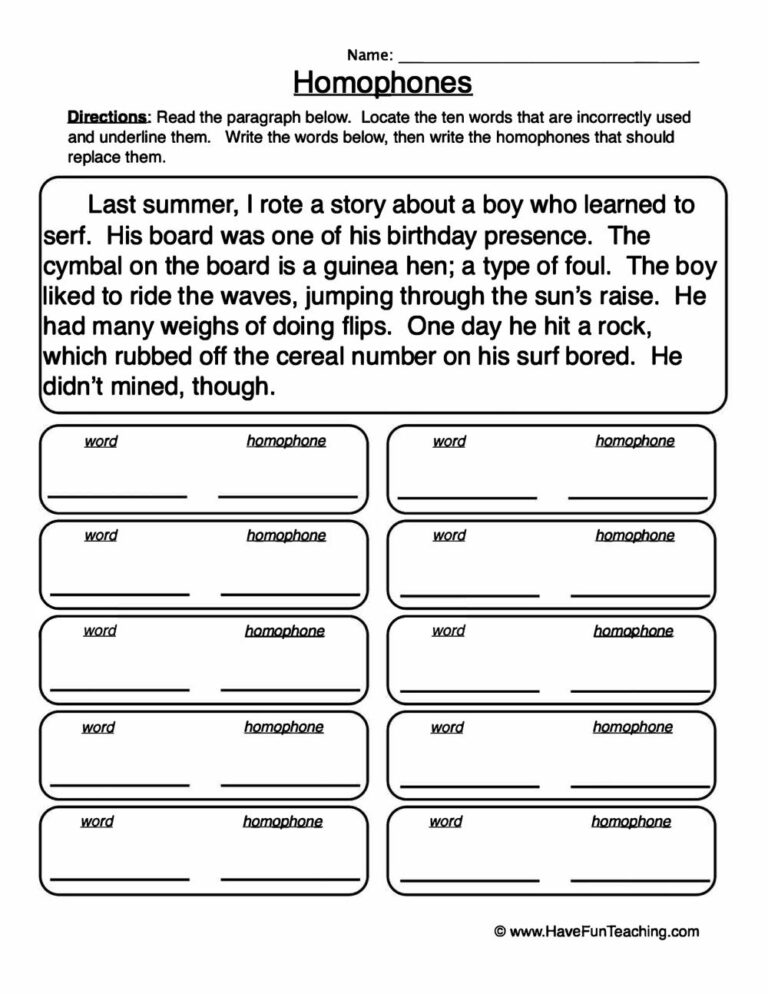 Finding Homophones Worksheet