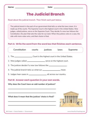 4th Grade judicial branch worksheet about the Supreme Court and the justices