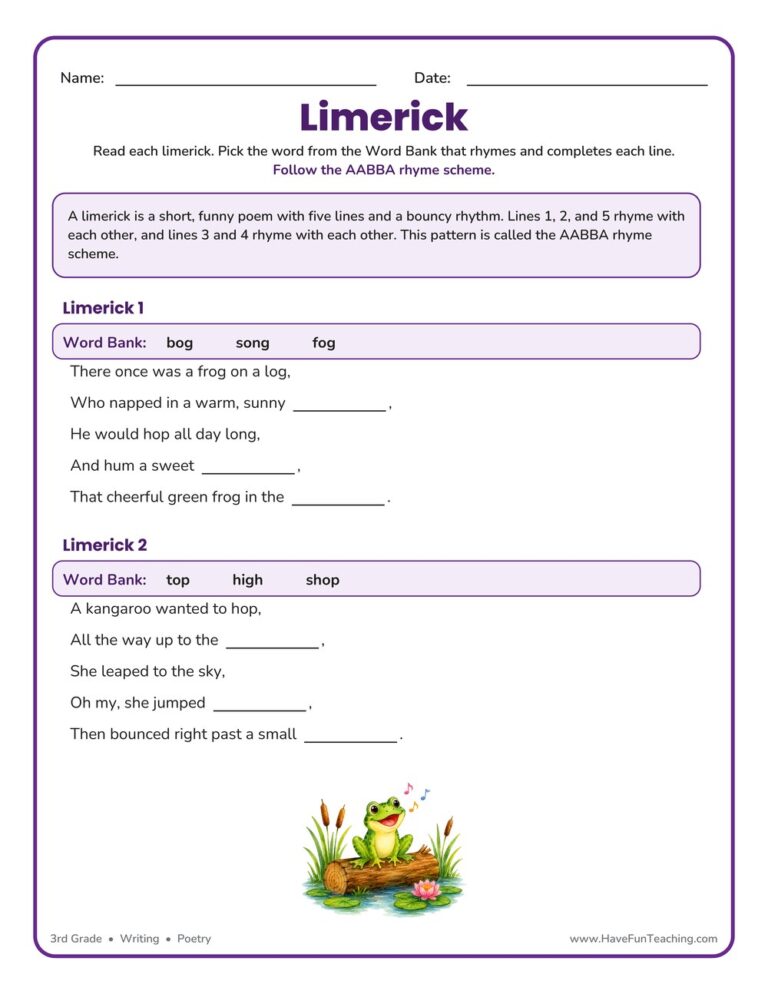 Limerick Fill in the Blank Worksheet
