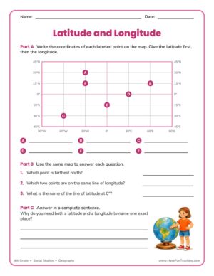 4th Grade latitude and longitude map grid worksheet