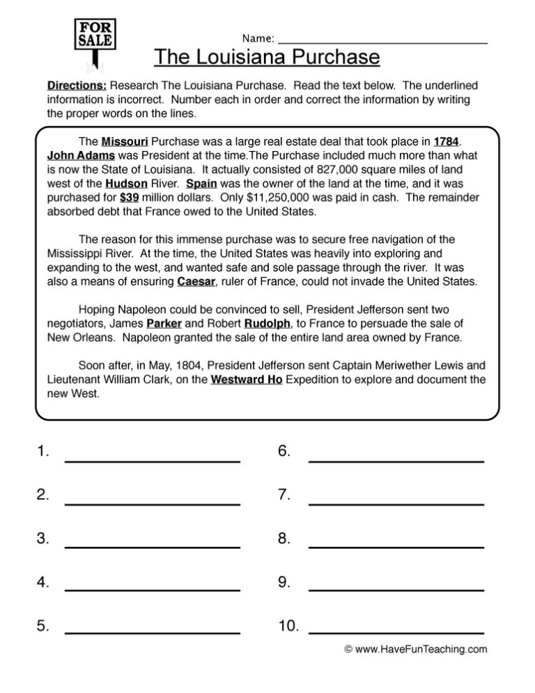 Louisiana Purchase Worksheet